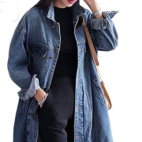 Jackets & Blazers - Long Jean Jacket Plus Size Loose Long Sleeve Button Down Denim  Trench Coat